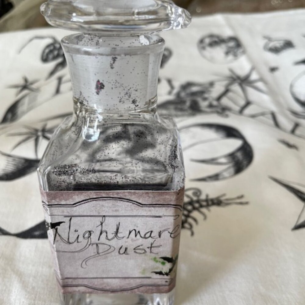 Halloween spells & potions jars; antique apothecary jars, Nightmare Dust